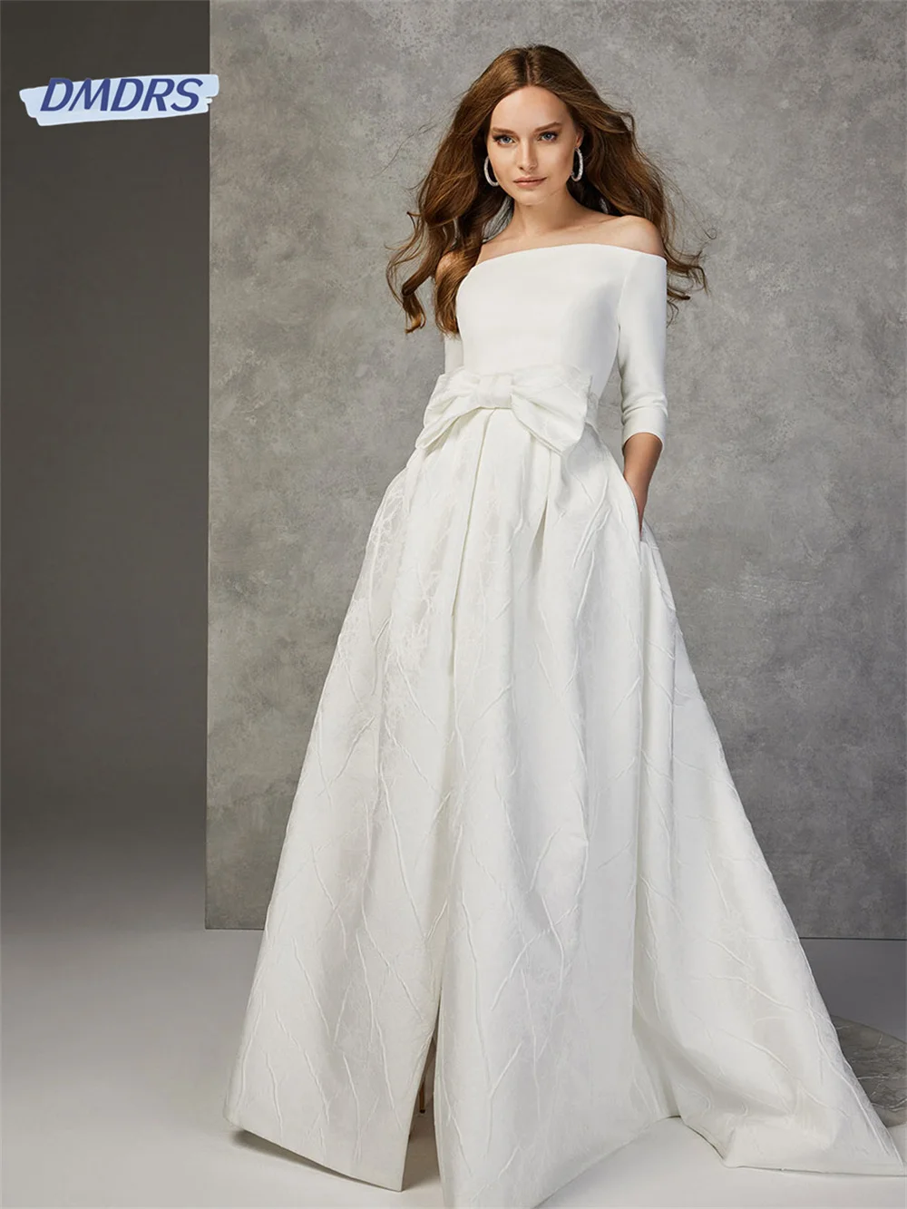 De Barco romântico Pescoço para Fora Do Ombro Vestido de Noiva Elegante  A-linha do Assoalho-comprimento Vestido de Noiva Clássico Vestidos De Noiva